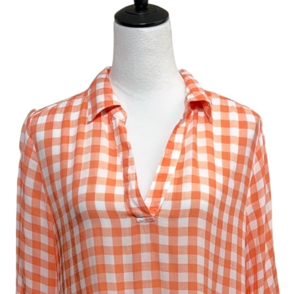 Soft Surroundings Tunic Top Womens Large Orange White Plaid Rayon 3/4 Sleeve